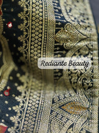 Creamy Golden Brocade Silk Saree – Peacock Blue Grandeur