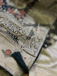 Creamy Golden Brocade Silk Saree – Peacock Blue Grandeur