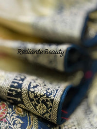 Creamy Golden Brocade Silk Saree – Peacock Blue Grandeur