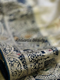 Creamy Golden Brocade Silk Saree – Peacock Blue Grandeur