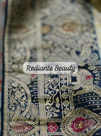 Creamy Golden Brocade Silk Saree – Peacock Blue Grandeur