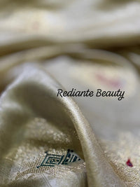 Creamy Golden Brocade Silk Saree – Peacock Blue Grandeur