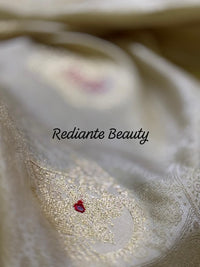 Creamy Golden Brocade Silk Saree – Peacock Blue Grandeur