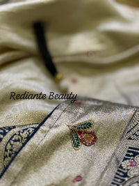 Creamy Golden Brocade Silk Saree – Peacock Blue Grandeur