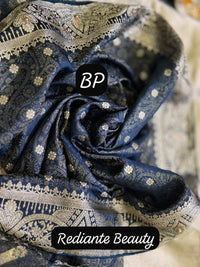 Creamy Golden Brocade Silk Saree – Peacock Blue Grandeur