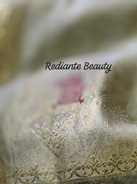 Creamy Golden Brocade Silk Saree – Peacock Blue Grandeur