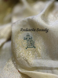 Creamy Golden Brocade Silk Saree – Peacock Blue Grandeur