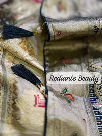 Creamy Golden Brocade Silk Saree – Peacock Blue Grandeur