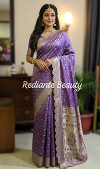 Lavender Dola Silk Saree – Golden Embellished Peacock Lotus Elegance