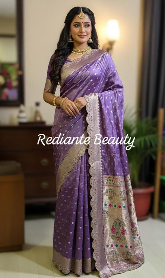 Lavender Dola Silk Saree – Golden Embellished Peacock Lotus Elegance