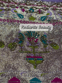 Lavender Dola Silk Saree – Golden Embellished Peacock Lotus Elegance