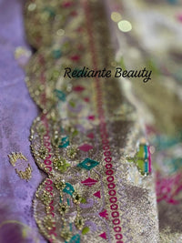 Lavender Dola Silk Saree – Golden Embellished Peacock Lotus Elegance