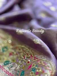 Lavender Dola Silk Saree – Golden Embellished Peacock Lotus Elegance