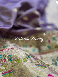 Lavender Dola Silk Saree – Golden Embellished Peacock Lotus Elegance