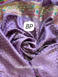 Lavender Dola Silk Saree – Golden Embellished Peacock Lotus Elegance