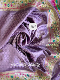 Lavender Dola Silk Saree – Golden Embellished Peacock Lotus Elegance