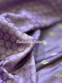 Lavender Dola Silk Saree – Golden Embellished Peacock Lotus Elegance