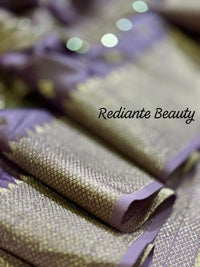 Lavender Dola Silk Saree – Golden Embellished Peacock Lotus Elegance