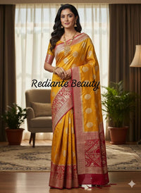 Turmeric Golden Yellow Dola Silk Saree – Magenta Pallu Elegance