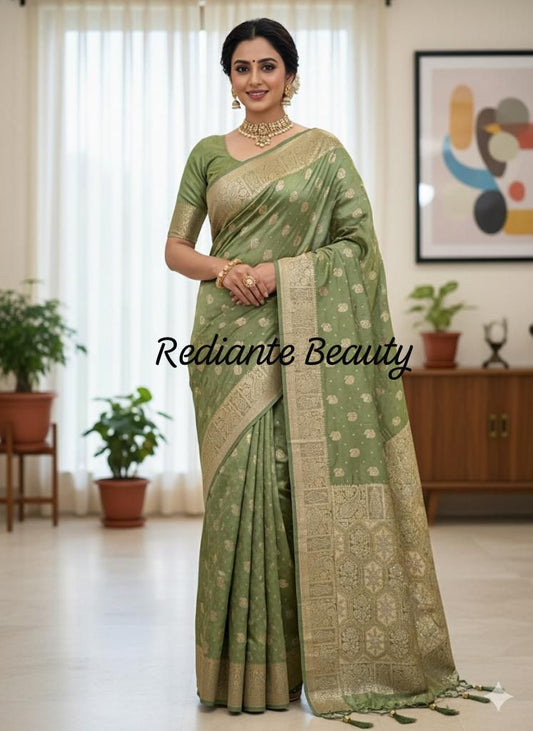 Olive Green Dola Silk Saree – Luxe Zari & Cut Dana Elegance