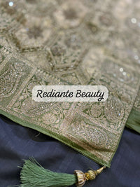 Olive Green Dola Silk Saree – Luxe Zari & Cut Dana Elegance