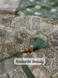 Olive Green Dola Silk Saree – Luxe Zari & Cut Dana Elegance