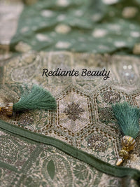 Olive Green Dola Silk Saree – Luxe Zari & Cut Dana Elegance