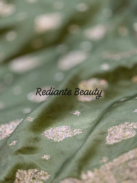 Olive Green Dola Silk Saree – Luxe Zari & Cut Dana Elegance