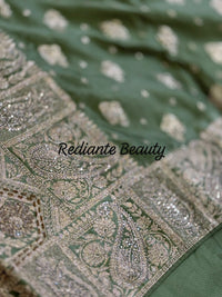 Olive Green Dola Silk Saree – Luxe Zari & Cut Dana Elegance