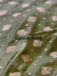 Olive Green Dola Silk Saree – Luxe Zari & Cut Dana Elegance