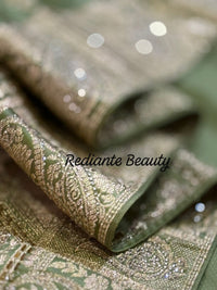Olive Green Dola Silk Saree – Luxe Zari & Cut Dana Elegance