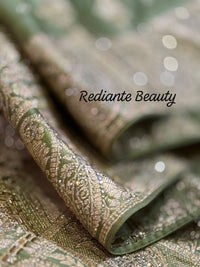 Olive Green Dola Silk Saree – Luxe Zari & Cut Dana Elegance