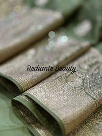 Olive Green Dola Silk Saree – Luxe Zari & Cut Dana Elegance