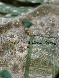 Olive Green Dola Silk Saree – Luxe Zari & Cut Dana Elegance