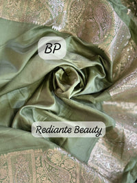 Olive Green Dola Silk Saree – Luxe Zari & Cut Dana Elegance