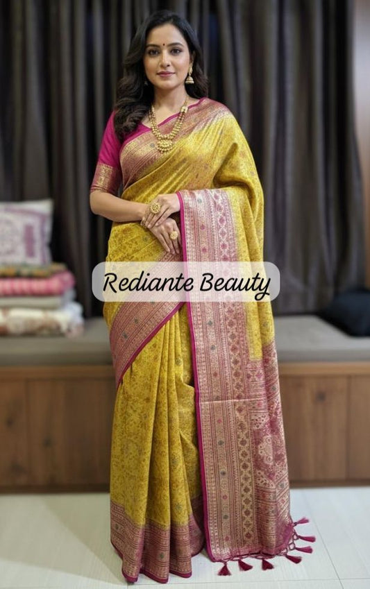 Brilliant Yellow Gold & Magenta Pink Brocade Silk Saree